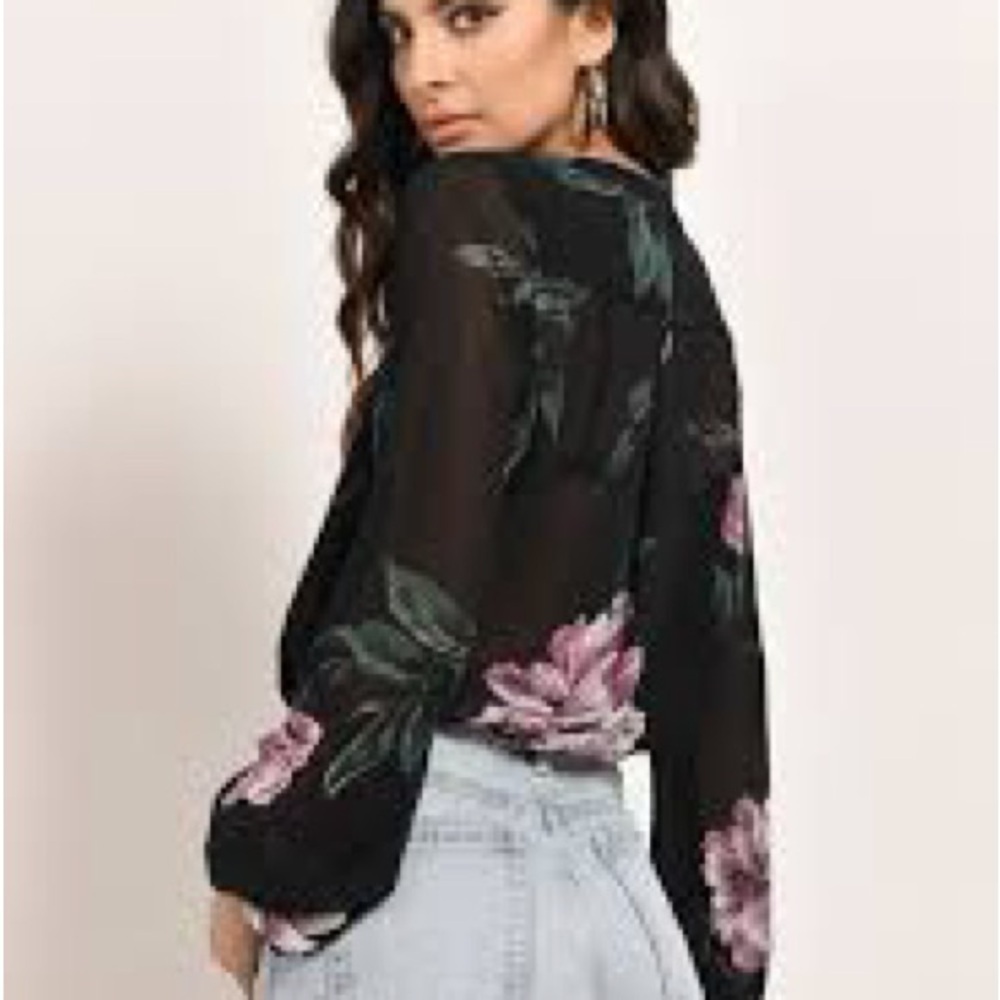 Tobi Black Sheer Blouse with Pink Floral Print